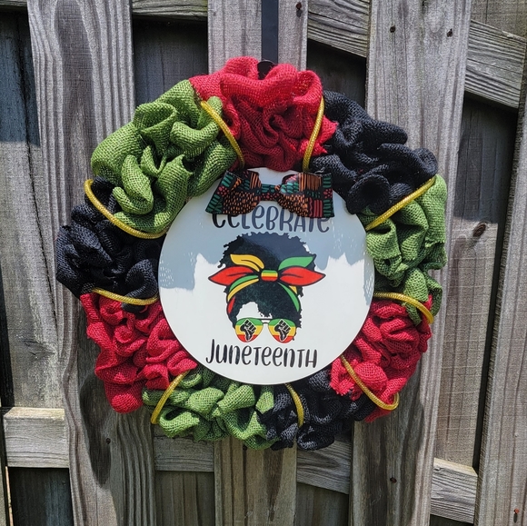 Celebrate Juneteenth Handmade Burlap Wreath- 21 inches - Picture 1 of 12